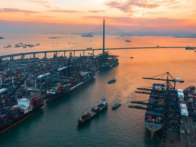 A container port at sunset