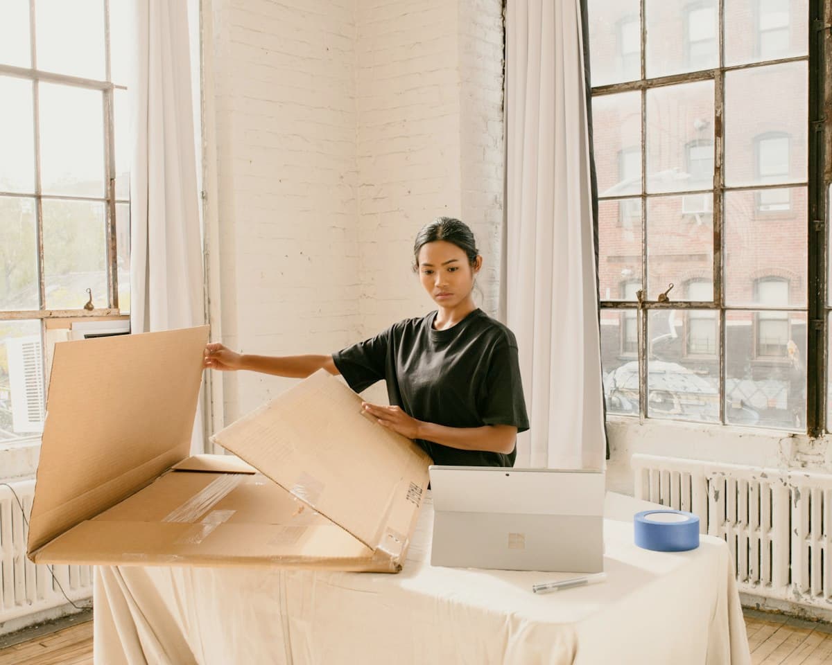 A small business owner packing a parcel